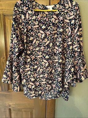 Lauren Conrad Floral Bell-Sleeve Women's Top in Teal